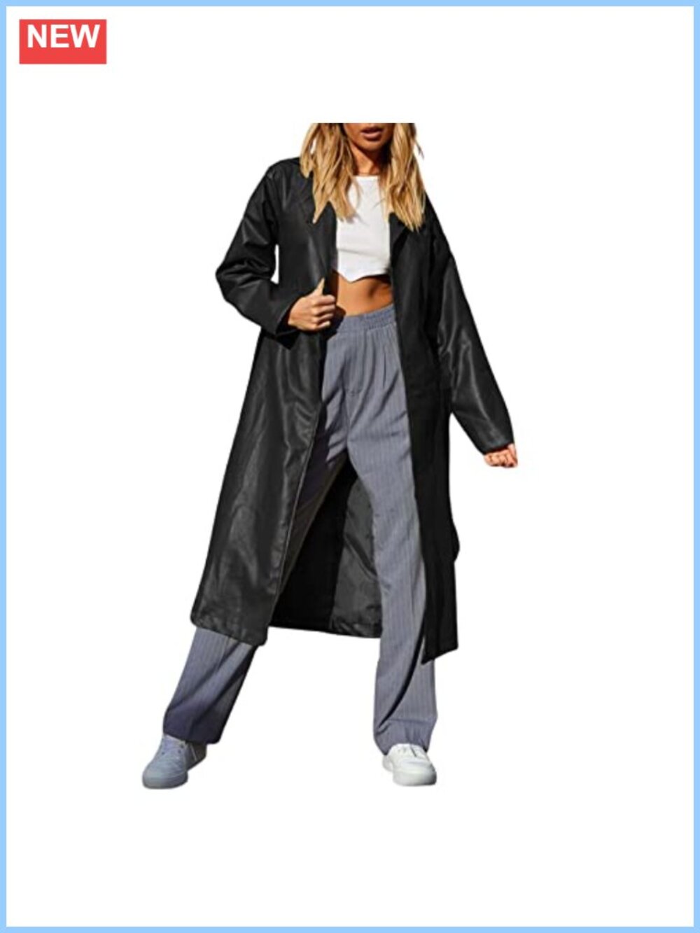 Women's Casual Faux Leather Long Trench Coat with Belt